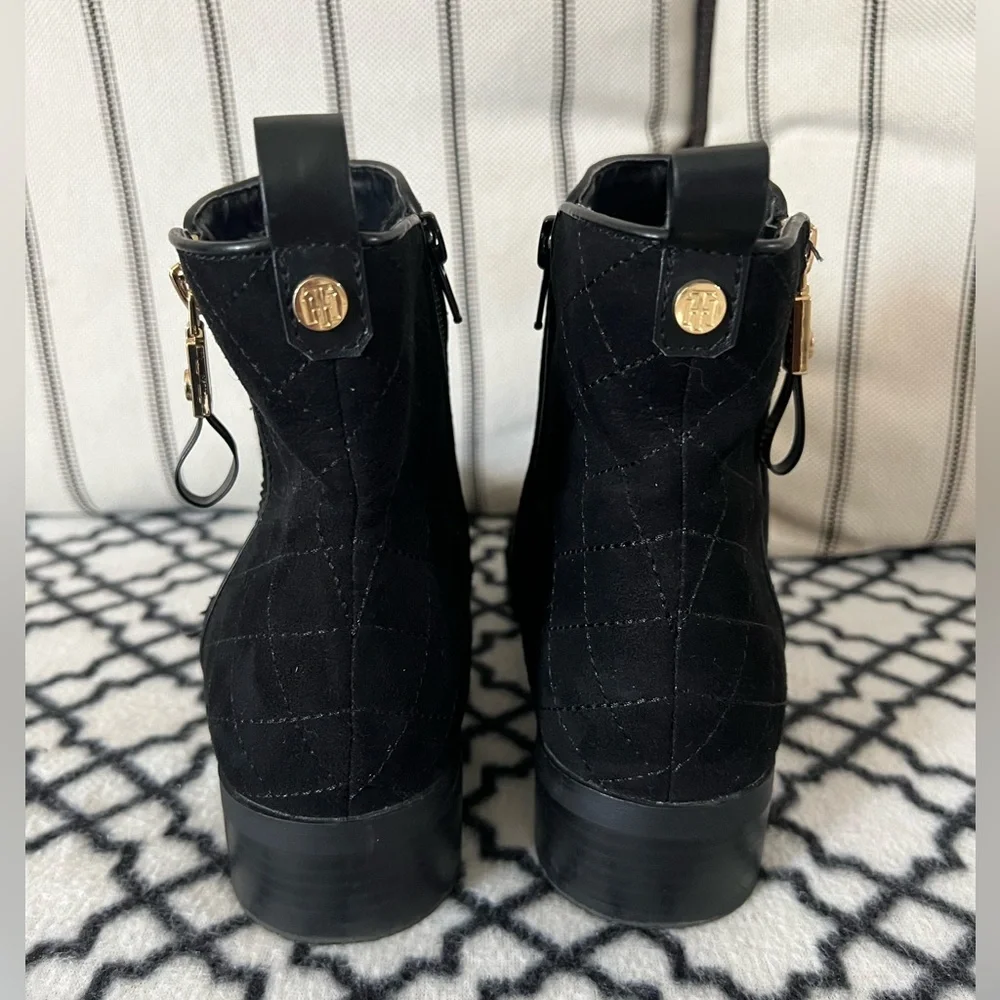 Tommy Hilfiger Black Suede Ankle Booties with Gold Zipper